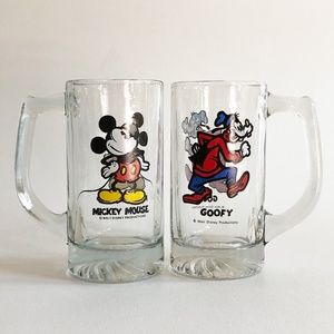 Set 2 VTG Disney Goofy Mickey Glass Stein Mug Cup